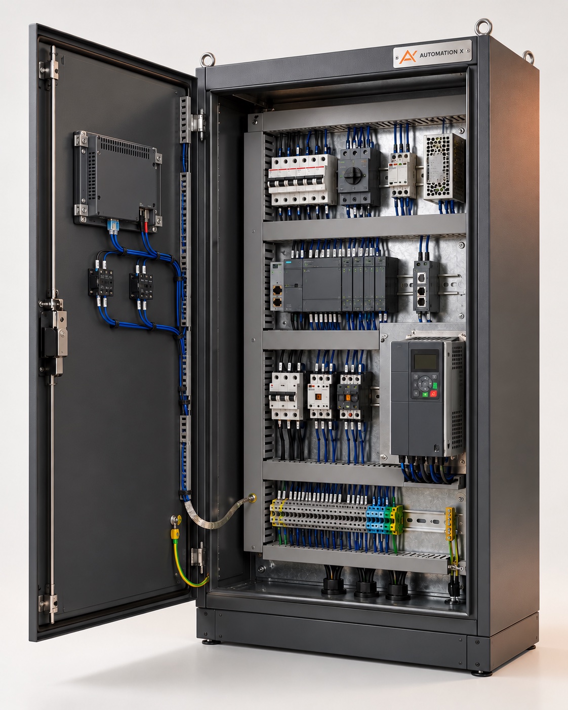 AX-branded control cabinet concept with an open door showing the rear housing and wiring of the externally mounted HMI, PLC modules and organised wiring